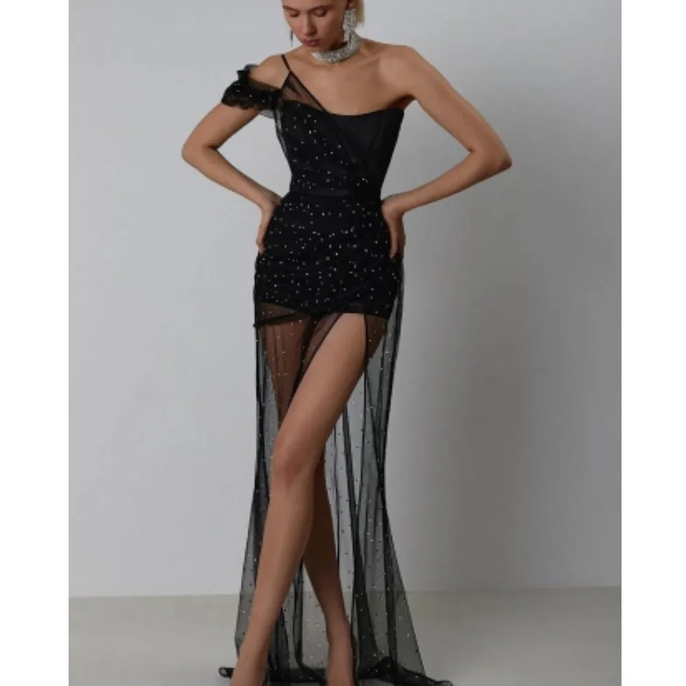 Fashionable Slimming Sling Backless Black Sleeveless Sheath Split Mid-length Mesh Dress