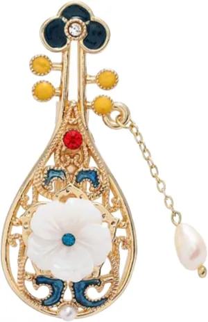 Lute Instruments Pin Brooch Flower Pearl Pipa Handmade Brooch Chinese Musical Instruments Lapel Pin For Women Girls for Clothes Dress Scarf Bags Decoration